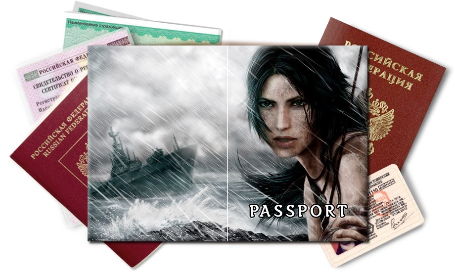 Обложка на паспорт Лара Крофт в сильный шторм